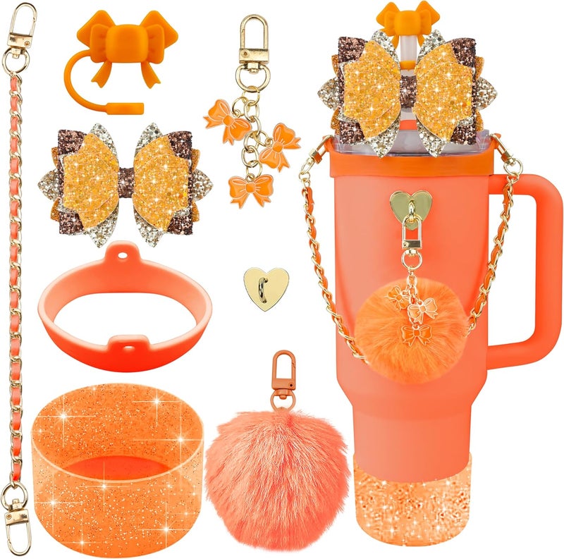 SEMATA Bling Accessories for Stanley Cup 40oz & 30oz Tumbler Including Silicone Cute Bow Straw Topper Cover, Silicone Boot for Stanley Cup,Leather Water Bottle Handle Strap, Charms(Passion Orange) - Image 1
